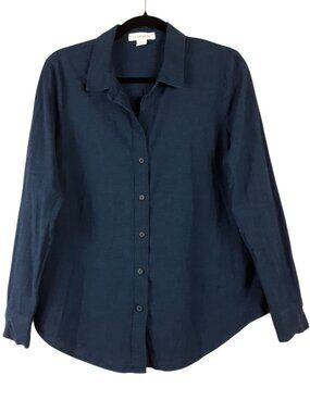 Liz Claiborne Nave Blue Cotton Linen Long Sleeve Button Up Top Size Small